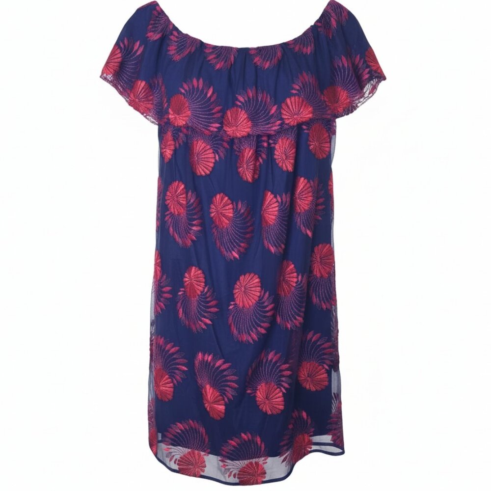 Trina Turk XXL Off Shoulder Tropical Dress Blue Pink Resort Vacation Cruise Plus